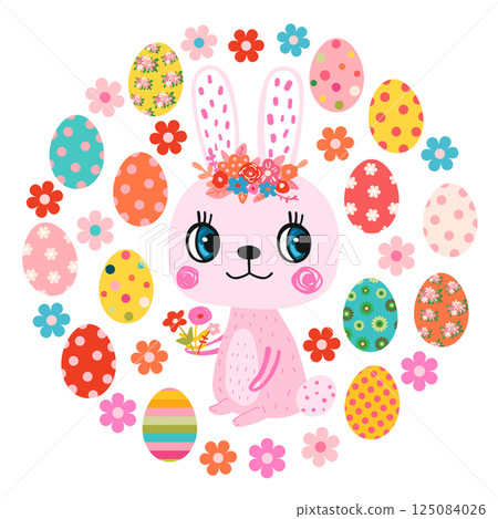 Cute vector Easter bunny design with eggs and flowers, Kawaii spring rabbit illustration for kids and baby packaging 125084026