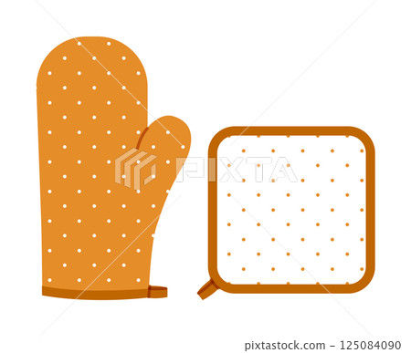 Oven Gloves Mitt and potholder cartoon sepia polka dot pattern Fashion hand accessory clothing technical illustration  125084090