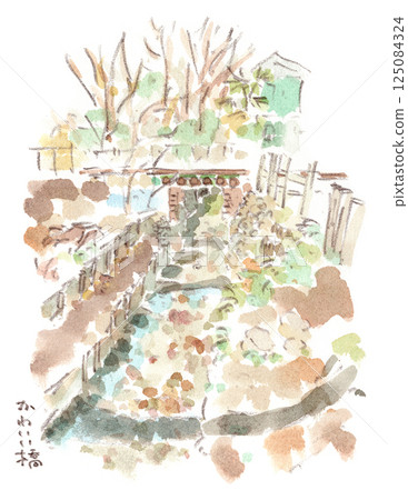 Winter landscape with a small irrigation canal and a train bridge. Watercolor illustration 125084324
