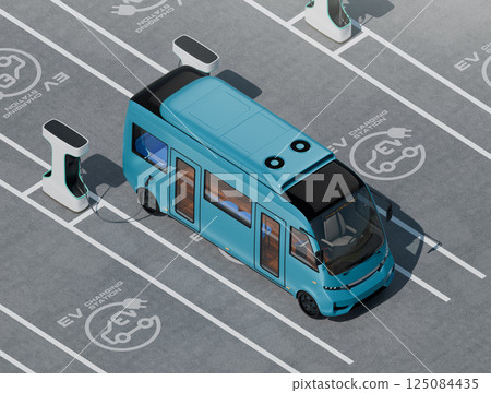 Image of an electric bus charging in an EV parking lot. Original design. 125084435