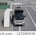 一輛電動公車在公車站透過受電弓充電的影像。原創設計。 125084438