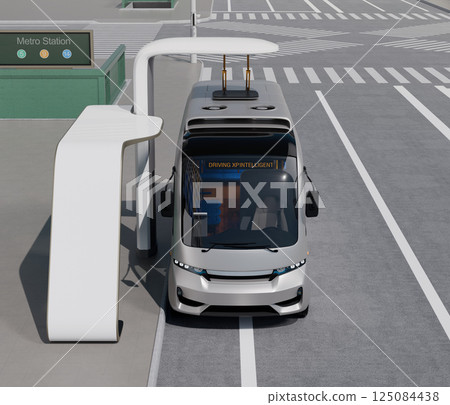 An original design of an EV bus being charged by a pantograph at a bus stop. 125084438