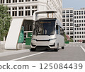 一輛電動公車在公車站透過受電弓充電的影像。原創設計。 125084439
