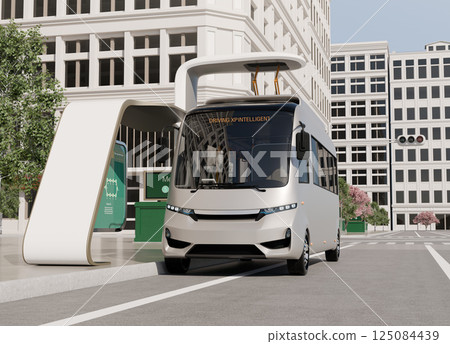An original design of an EV bus being charged by a pantograph at a bus stop. 125084439