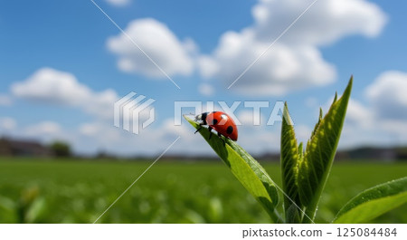 有瓢蟲和藍天的鄉村風景 125084484