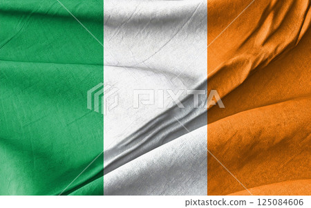 Irish National Flag Waving with Orange, White, and Green Stripes on Fabric Texture 125084606