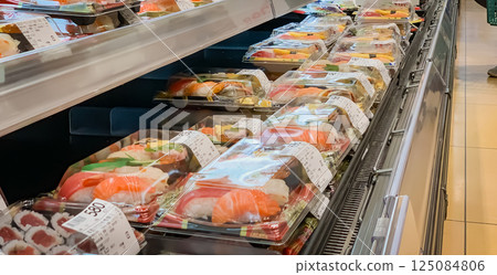 Nigiri sushi on sale at a supermarket Nigiri sushi on sale at a supermarket 125084806