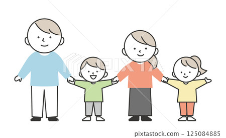 插圖為微笑的一家人手牽手。父母、兒子和女兒的簡單可愛的家庭插畫 插圖為微笑的一家人手牽手。父母、兒子和女兒的簡單可愛的家庭插畫 125084885