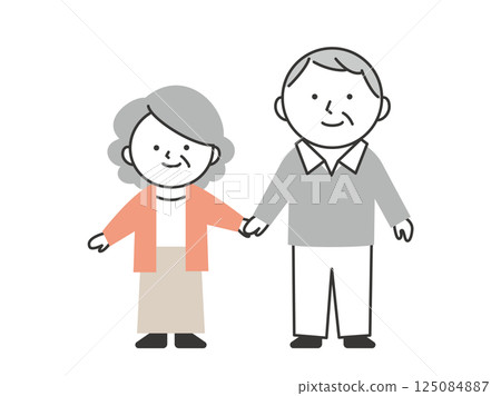 Illustration of an elderly couple holding hands with a smile - Simple and cute lifestyle of elderly couple 125084887