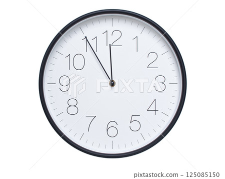 Simple wall clock with black frame and white face displaying 11:55 or 23:55. Ideal for time, schedule, and punctuality themes. 125085150