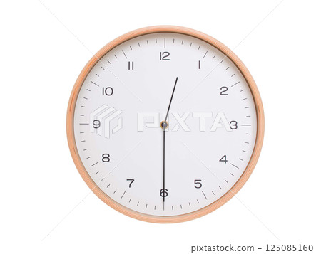 Minimal wall clock with light wood frame and white face displaying 00:30 or 12:30. Perfect for clean, modern concepts about time and scheduling. Minimal wall clock with light wood frame and white face displaying 00:30 or 12:30. Perfect for clean, modern concepts about time and scheduling. 125085160