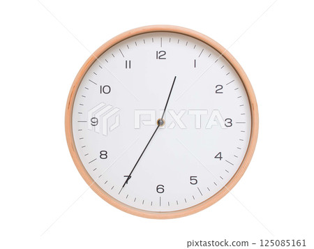 Minimal wall clock with light wood frame and white face displaying 00:35 or 12:35. Perfect for clean, modern concepts about time and scheduling. Minimal wall clock with light wood frame and white face displaying 00:35 or 12:35. Perfect for clean, modern concepts about time and scheduling. 125085161