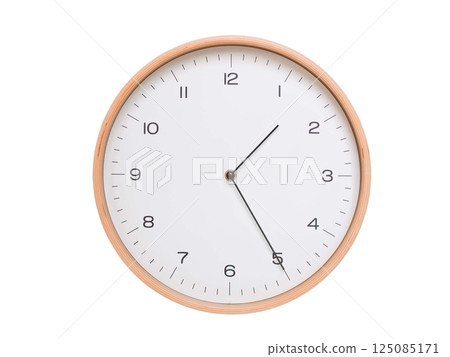 Minimal wall clock with light wood frame and white face displaying 01:25 or 13:25. Perfect for clean, modern concepts about time and scheduling. 125085171