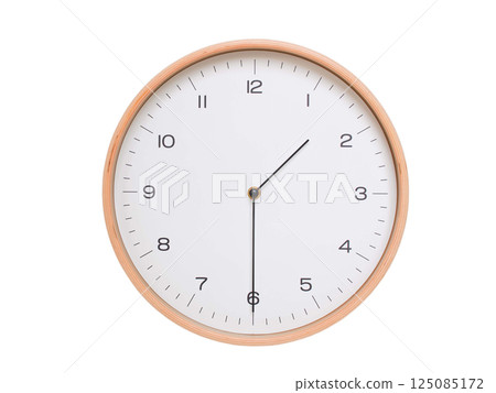 Minimal wall clock with light wood frame and white face displaying 01:30 or 13:30. Perfect for clean, modern concepts about time and scheduling. 125085172