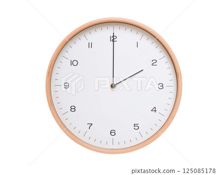 Minimal wall clock with light wood frame and white face displaying 02:00 or 14:00. Perfect for clean, modern concepts about time and scheduling. 125085178