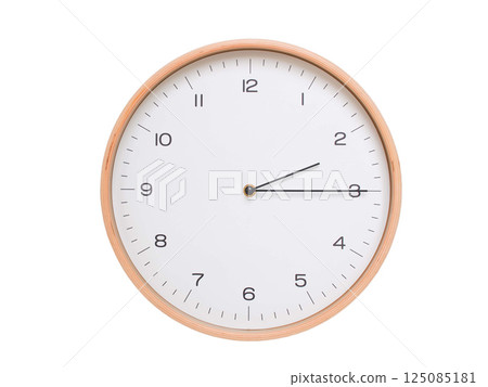 Minimal wall clock with light wood frame and white face displaying 02:15 or 14:15. Perfect for clean, modern concepts about time and scheduling. Minimal wall clock with light wood frame and white face displaying 02:15 or 14:15. Perfect for clean, modern concepts about time and scheduling. 125085181