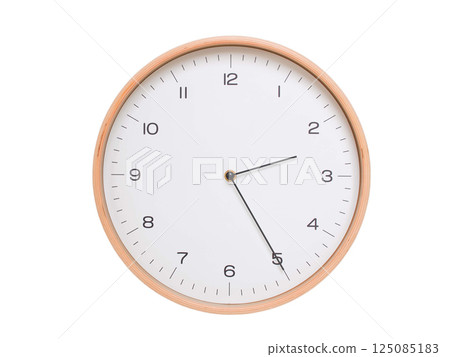Minimal wall clock with light wood frame and white face displaying 02:25 or 14:25. Perfect for clean, modern concepts about time and scheduling. 125085183
