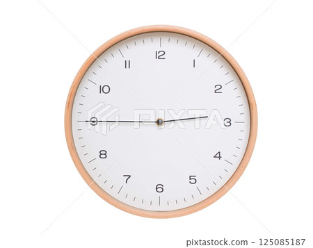 Minimal wall clock with light wood frame and white face displaying 02:45 or 14:45. Perfect for clean, modern concepts about time and scheduling. 125085187