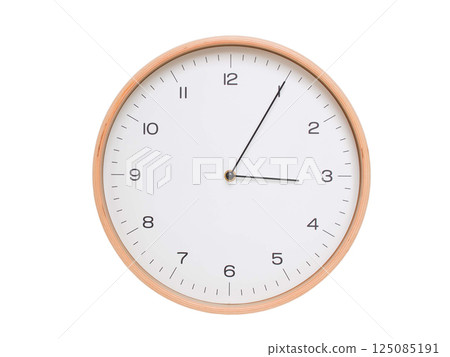Minimal wall clock with light wood frame and white face displaying 03:05 or 15:05. Perfect for clean, modern concepts about time and scheduling. Minimal wall clock with light wood frame and white face displaying 03:05 or 15:05. Perfect for clean, modern concepts about time and scheduling. 125085191