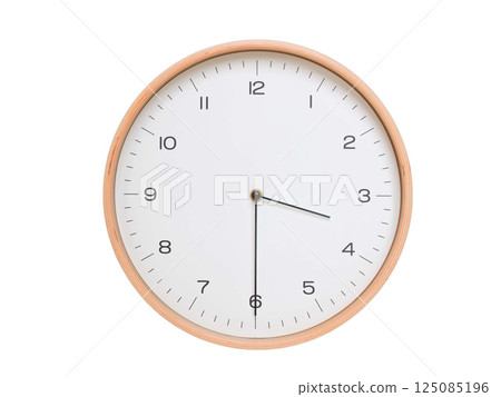 Minimal wall clock with light wood frame and white face displaying 03:30 or 15:30. Perfect for clean, modern concepts about time and scheduling. Minimal wall clock with light wood frame and white face displaying 03:30 or 15:30. Perfect for clean, modern concepts about time and scheduling. 125085196