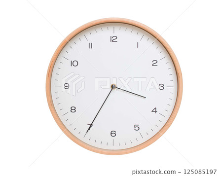Minimal wall clock with light wood frame and white face displaying 03:35 or 15:35. Perfect for clean, modern concepts about time and scheduling. Minimal wall clock with light wood frame and white face displaying 03:35 or 15:35. Perfect for clean, modern concepts about time and scheduling. 125085197