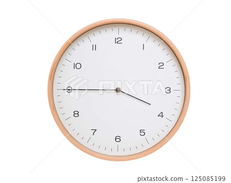 Minimal wall clock with light wood frame and white face displaying 03:45 or 15:45. Perfect for clean, modern concepts about time and scheduling. Minimal wall clock with light wood frame and white face displaying 03:45 or 15:45. Perfect for clean, modern concepts about time and scheduling. 125085199