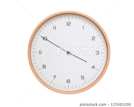 Minimal wall clock with light wood frame and white face displaying 03:50 or 15:50. Perfect for clean, modern concepts about time and scheduling. 125085200