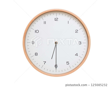 Minimal wall clock with light wood frame and white face displaying 06:30 or 18:30. Perfect for clean, modern concepts about time and scheduling. 125085232