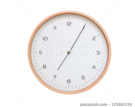 Minimal wall clock with light wood frame and white face displaying 07:05 or 19:05. Perfect for clean, modern concepts about time and scheduling. Minimal wall clock with light wood frame and white face displaying 07:05 or 19:05. Perfect for clean, modern concepts about time and scheduling. 125085239