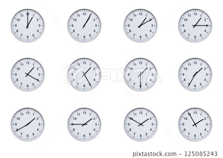 Set of wall clocks with silver frames and clean white faces, each displaying time at 5 minute intervals from 01:00 to 01:55 or 13:00 to 13:55. Ideal for visualizing concepts like time tracking, 125085243