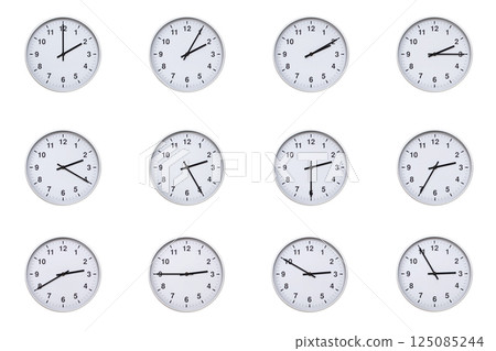 Set of wall clocks with silver frames and clean white faces, each displaying time at 5 minute intervals from 02:00 to 02:55 or 14:00 to 14:55. Ideal for visualizing concepts like time tracking, Set of wall clocks with silver frames and clean white faces, each displaying time at 5 minute intervals from 02:00 to 02:55 or 14:00 to 14:55. Ideal for visualizing concepts like time tracking, 125085244