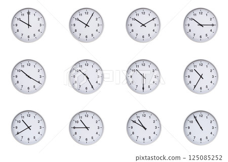 Set of wall clocks with silver frames and clean white faces, each displaying time at 5 minute intervals from 10:00 to 10:55 or 22:00 to 22:55. Ideal for visualizing concepts like time tracking, Set of wall clocks with silver frames and clean white faces, each displaying time at 5 minute intervals from 10:00 to 10:55 or 22:00 to 22:55. Ideal for visualizing concepts like time tracking, 125085252