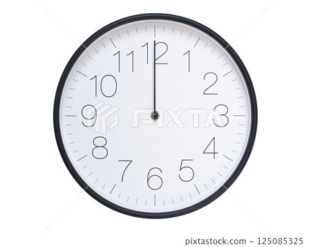 Simple wall clock with black frame and white face displaying 00:00 or 12:00. Ideal for time, schedule, and punctuality themes. Simple wall clock with black frame and white face displaying 00:00 or 12:00. Ideal for time, schedule, and punctuality themes. 125085325