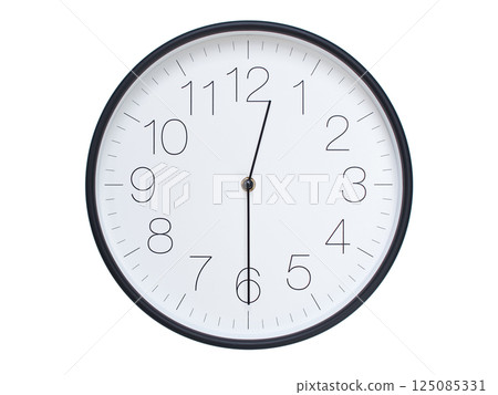 Simple wall clock with black frame and white face displaying 00:30 or 12:30. Ideal for time, schedule, and punctuality themes. Simple wall clock with black frame and white face displaying 00:30 or 12:30. Ideal for time, schedule, and punctuality themes. 125085331