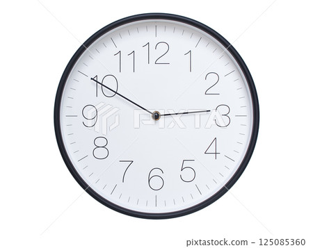 Simple wall clock with black frame and white face displaying 02:50 or 14:50. Ideal for time, schedule, and punctuality themes. 125085360
