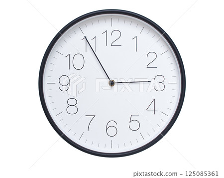 Simple wall clock with black frame and white face displaying 02:55 or 14:55. Ideal for time, schedule, and punctuality themes. Simple wall clock with black frame and white face displaying 02:55 or 14:55. Ideal for time, schedule, and punctuality themes. 125085361