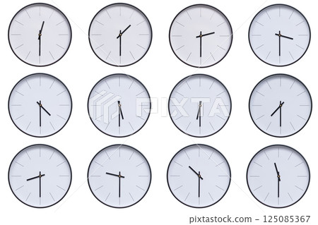 A set of 12 wall clocks with black frames and clean white faces, displaying a different time interval from 00:30 to 11:30 or 12:30 to 23:30. The modern and clean design makes this set ideal for themes 125085367
