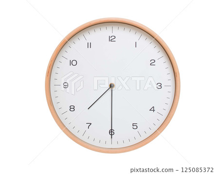 Minimal wall clock with light wood frame and white face displaying 07:30 or 19:30. Perfect for clean, modern concepts about time and scheduling. 125085372