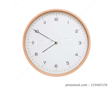 Minimal wall clock with light wood frame and white face displaying 07:50 or 19:50. Perfect for clean, modern concepts about time and scheduling. 125085376