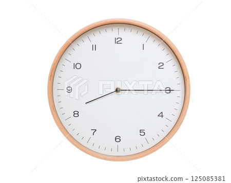 Minimal wall clock with light wood frame and white face displaying 08:15 or 20:15. Perfect for clean, modern concepts about time and scheduling. Minimal wall clock with light wood frame and white face displaying 08:15 or 20:15. Perfect for clean, modern concepts about time and scheduling. 125085381