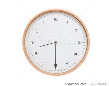 Minimal wall clock with light wood frame and white face displaying 08:30 or 20:30. Perfect for clean, modern concepts about time and scheduling. 125085384