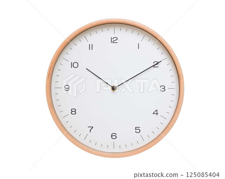 Minimal wall clock with light wood frame and white face displaying 10:10 or 22:10. Perfect for clean, modern concepts about time and scheduling. 125085404