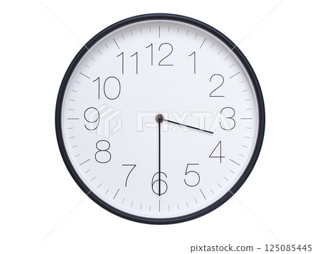 Simple wall clock with black frame and white face displaying 03:30 or 15:30. Ideal for time, schedule, and punctuality themes. Simple wall clock with black frame and white face displaying 03:30 or 15:30. Ideal for time, schedule, and punctuality themes. 125085445
