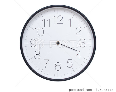 Simple wall clock with black frame and white face displaying 03:45 or 15:45. Ideal for time, schedule, and punctuality themes. 125085448