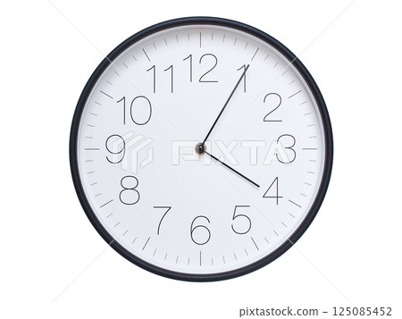 Simple wall clock with black frame and white face displaying 04:05 or 16:05. Ideal for time, schedule, and punctuality themes. Simple wall clock with black frame and white face displaying 04:05 or 16:05. Ideal for time, schedule, and punctuality themes. 125085452