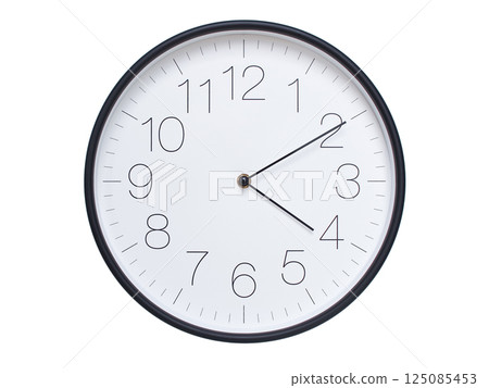 Simple wall clock with black frame and white face displaying 04:10 or 16:10. Ideal for time, schedule, and punctuality themes. 125085453