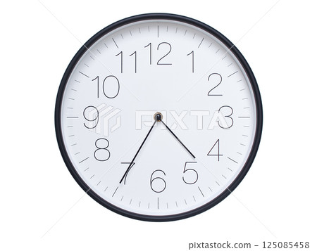 Simple wall clock with black frame and white face displaying 04:35 or 16:35. Ideal for time, schedule, and punctuality themes. 125085458