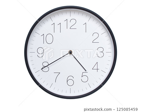 Simple wall clock with black frame and white face displaying 04:40 or 16:40. Ideal for time, schedule, and punctuality themes. 125085459