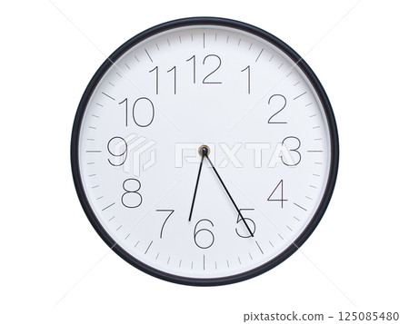 Simple wall clock with black frame and white face displaying 06:25 or 18:25. Ideal for time, schedule, and punctuality themes. Simple wall clock with black frame and white face displaying 06:25 or 18:25. Ideal for time, schedule, and punctuality themes. 125085480