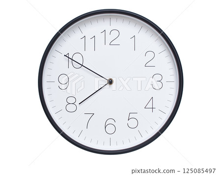 Simple wall clock with black frame and white face displaying 07:50 or 19:50. Ideal for time, schedule, and punctuality themes. 125085497